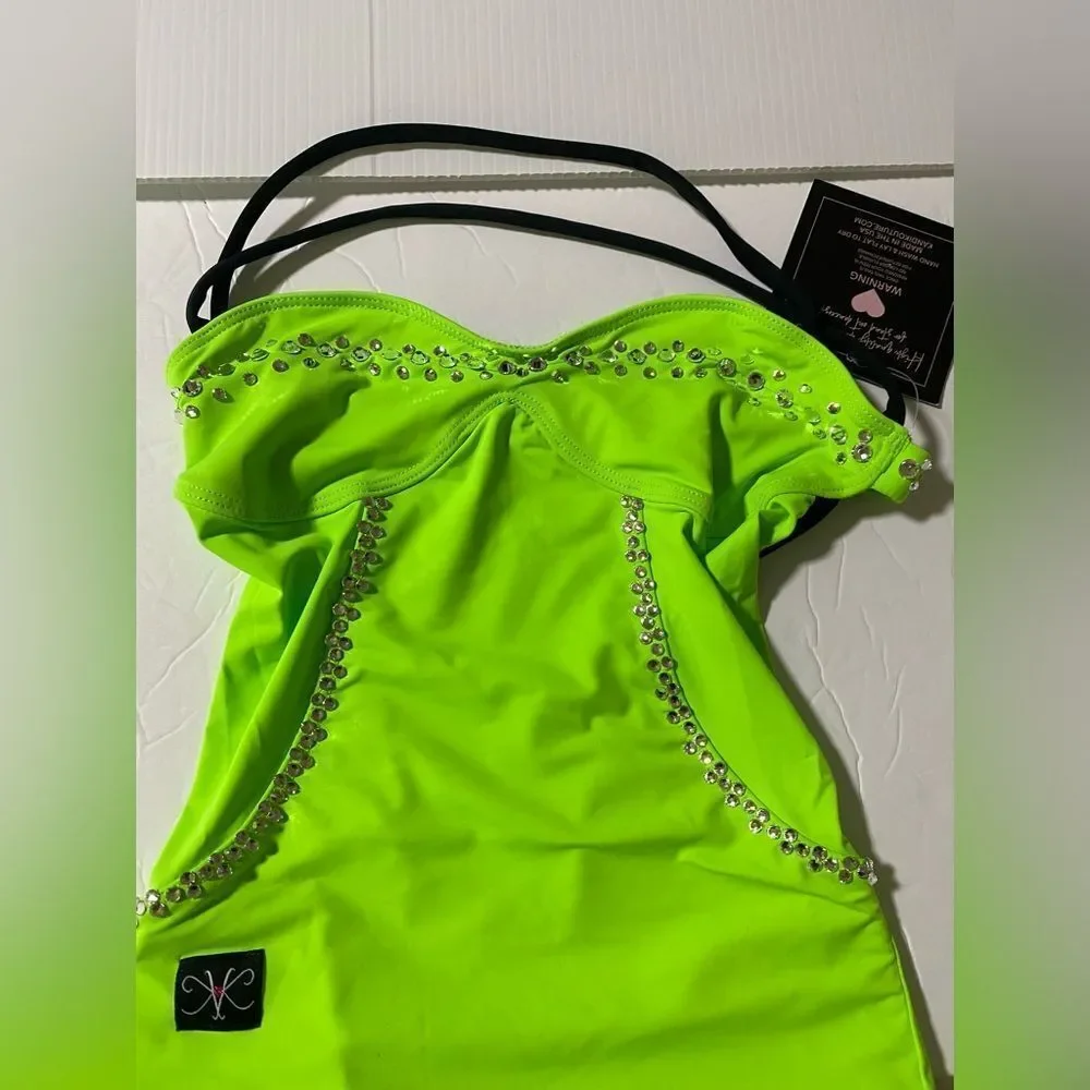 Kandi Kouture dance costume neon green SPOTLIGHT DRESS custom stoned XLC 10/12